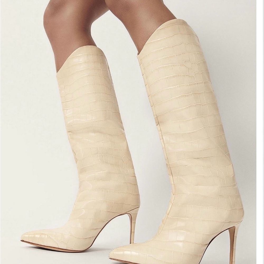 SCHUTZ Maryana Leather Crocodile Embossed Knee Boot in White | Size 9.5